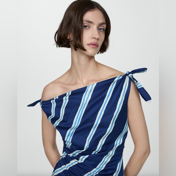 Mango Tie Shoulder 100% Cotton Striped Print Gathered Waist Side Slit Dress NWT - Picture 4 of 13